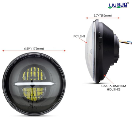 Dimension diagram showing LIU HJG 7 inch round LED headlight measuring 175 mm diameter and 95 mm depth.