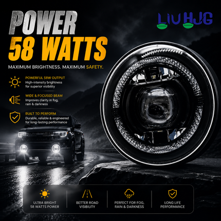 LIU HJG C-199 58W 7 inch round LED headlight mounted in front of vehicle driving at night.
