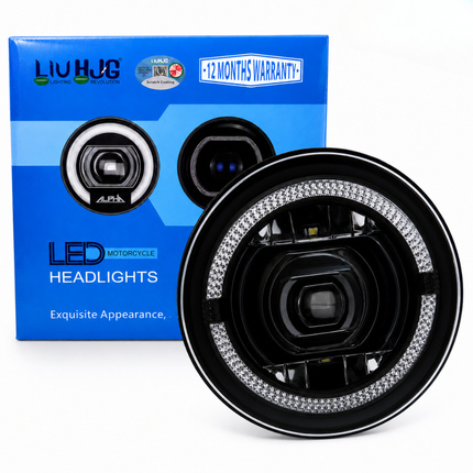 Authentic LIU HJG C-199 7 Inch 58W Round LED headlight with official retail box and 12 months warranty badge.
