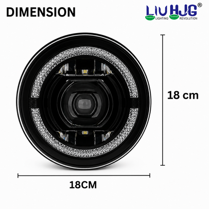 Physical dimension diagram showing LIU HJG C-199 7 inch round LED headlight measuring 18 cm.