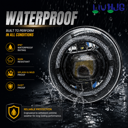IP67 waterproof test on LIU HJG C-199 7 inch LED headlight showing water splash resistance.