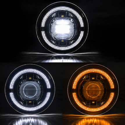 Beam mode output demonstration showing LIU HJG C-199 Yellow and White DRL lighting modes.