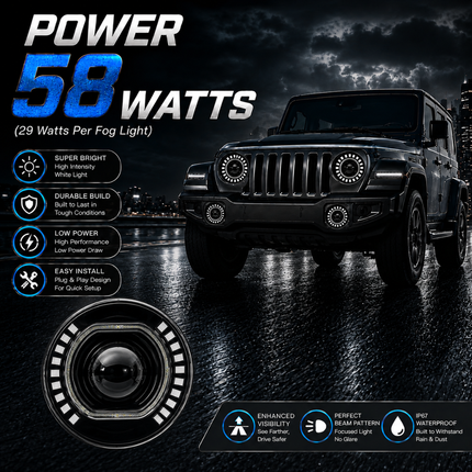 LIU HJG C-227 58W 7 inch round LED headlight installed on Mahindra Thar driving at night.