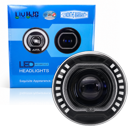 Authentic LIU HJG C-227 7 Inch 58W Round LED headlight with official retail box and 12 months warranty badge.