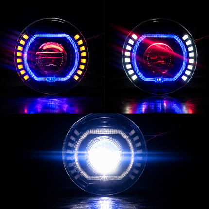 Beam mode output demonstration showing LIU HJG C-227 Yellow, White, and Blue DRL modes.