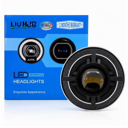 Authentic LIU HJG C-318 7 Inch 58W Round LED headlight with official retail box and 12 months warranty badge.