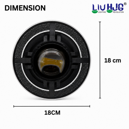 Physical dimension diagram showing LIU HJG C-318 7 inch round LED headlight measuring 18 cm.