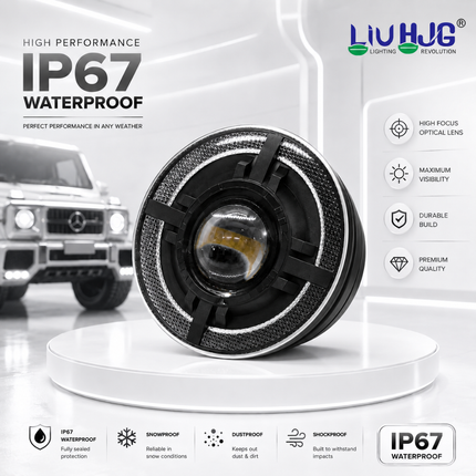 IP67 waterproof test on LIU HJG C-318 7 inch LED headlight showing water resistance.