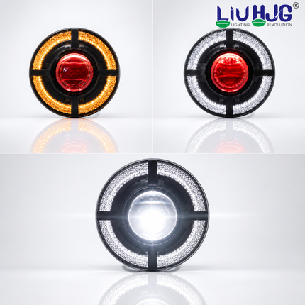 Beam mode output demonstration showing LIU HJG C-318 Yellow, White, and Red DRL lighting modes.