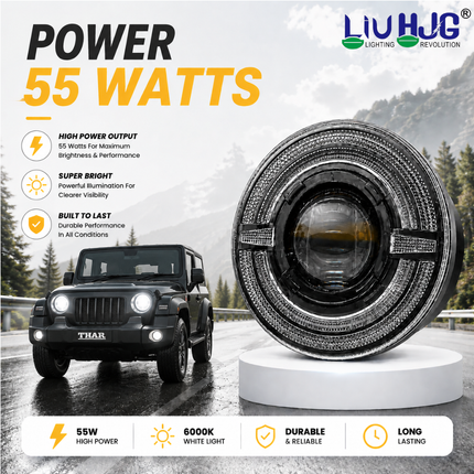 LIU HJG® C-319 7 Inch 55W Round LED Headlight with Yellow/White DRL (DC 9V–60V, Pack of 1)