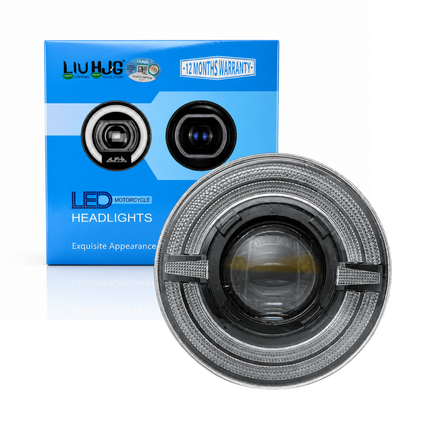Authentic LIU HJG C-319 7 Inch 55W Round LED headlight with official retail box and 12 months warranty badge.