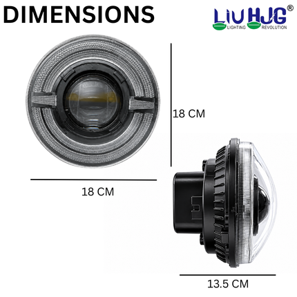 Physical dimension diagram showing LIU HJG C-319 7 inch round LED headlight measuring 18 cm diameter and 13.5 cm depth.