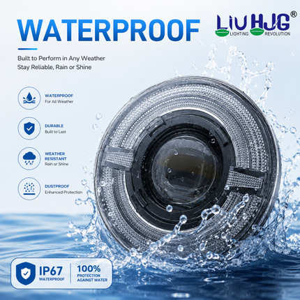 IP67 waterproof test on LIU HJG C-319 7 inch LED headlight showing water splash resistance.