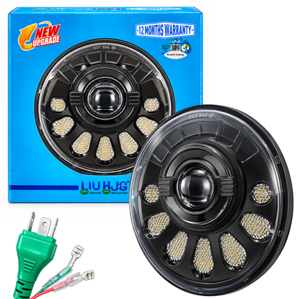 LIU HJG C-250 7-Inch 50W Round LED Headlight with official retail box showing 12 Months Warranty badge.
