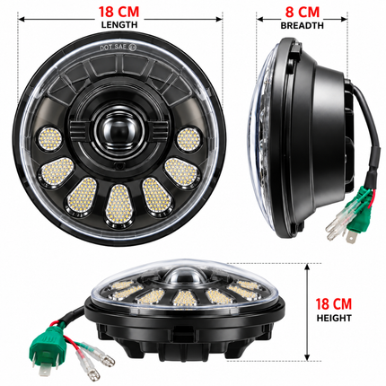 Dimension diagram of LIU HJG C-250 7-inch LED headlight measuring 18 cm length, 18 cm height, and 8 cm breadth.