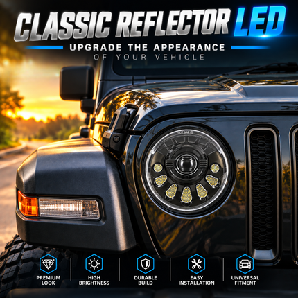 LIU HJG C-250 classic reflector 7-inch LED headlight installed on Mahindra Thar front grille.
