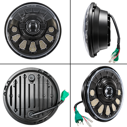 Front, side, back heat sink, and 3/4 angle view of LIU HJG C-250 7-inch round headlight with H4 plug.
