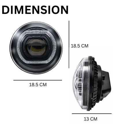 Dimensions Chart LIU HJG 7 Inch Round LED Headlight 18.5cm Width 18.5cm Height 13cm Depth