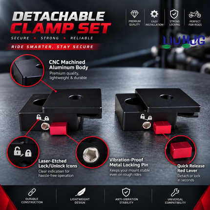 Features diagram showing CNC machined aluminum body, laser etched lock unlock icons, vibration proof locking pin, and red quick release lever.