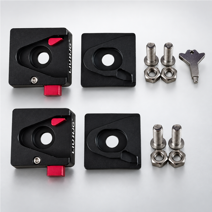 LIU HJG quick-release detachable clamp set unboxed with 2 base blocks, 2 top plates, steel bolts, nuts, and security lock key.