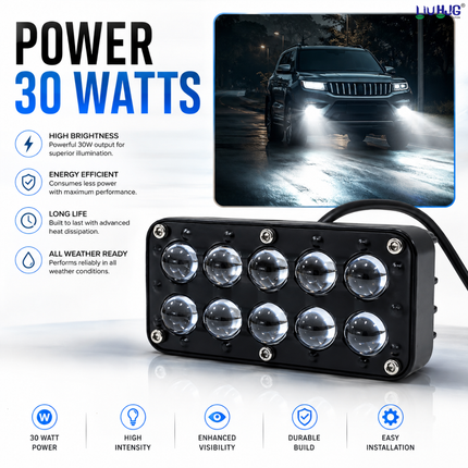 30W 10 LED fog light mounted on SUV driving on wet night road.