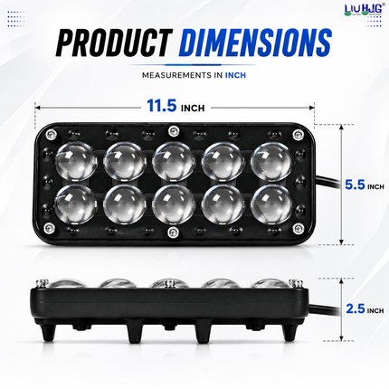 Dimension diagram showing LIU HJG H-10 10-LED fog light measuring 11.5 inch length by 5.5 inch height.