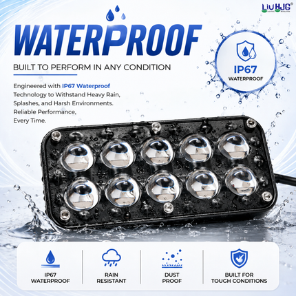 IP67 waterproof test on 30W 10 LED fog light showing water splash resistance.