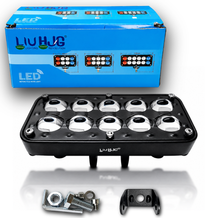 Authentic LIU HJG H-10 Lens 10 LED fog light with retail box packaging and mounting bracket hardware kit.