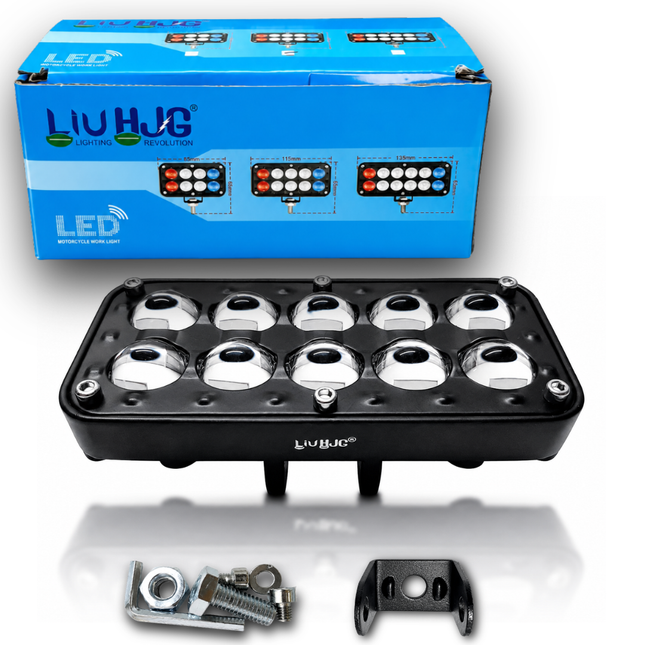 Authentic LIU HJG H-10 Lens 10 LED fog light with retail box packaging and mounting bracket hardware kit.