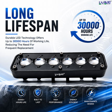 LIU HJG H-6 6-LED fog light highlighting 30,000 hours operational working lifespan.