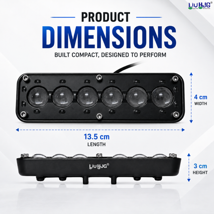 Dimension diagram showing LIU HJG H-6 6-LED fog light measuring 13.5 cm length, 4 cm width, and 3 cm height.
