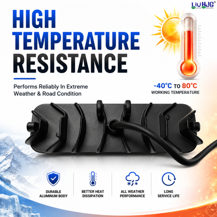 Rear view showing heavy duty aluminum heatsink body of LIU HJG H-6 fog light for temperature resistance.