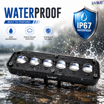 IP67 waterproof test on LIU HJG H-6 6-LED fog light showing water splash resistance.