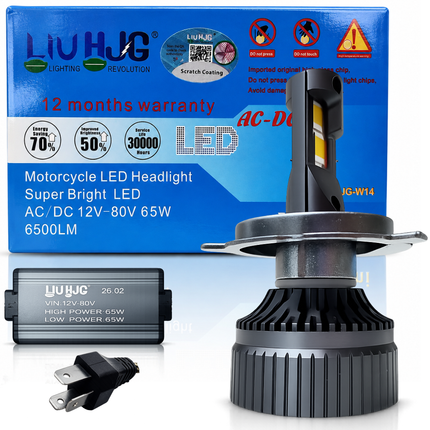 Authentic LIU HJG M2 Mini 65W LED headlight bulb with control driver box and official 12 months warranty retail packaging.