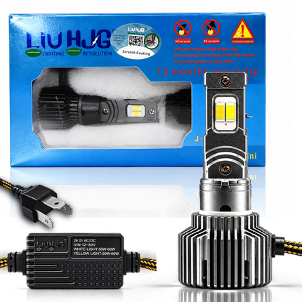 Authentic LIU HJG M2 Y/W 60W dual color LED headlight bulb with control driver box and official 12 months warranty retail packaging.