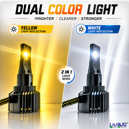 Dual color beam reflection demonstration showing 3000K yellow light reflection and 6000K white light reflection.