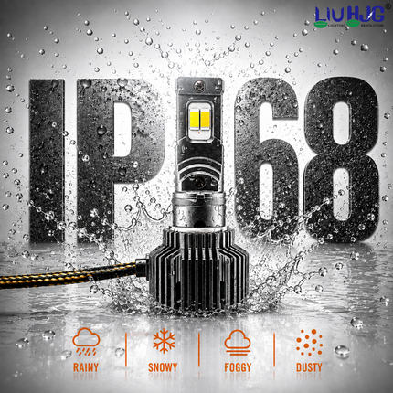 IP68 waterproof testing on LIU HJG M2 Y/W LED headlight bulb showing water splash resistance in rainy and foggy conditions.
