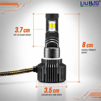 Dimension diagram showing LIU HJG M2 Y/W LED bulb measuring 8 cm overall height and 3.5 cm cooling heat-sink width.