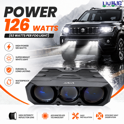 LIU HJG S-48 126W 3-lens LED fog lights mounted on front bumper of Suzuki SUV.