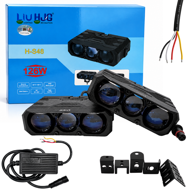Authentic LIU HJG S-48 126W 3-lens LED fog light pair with retail packaging box, control module box, and mounting brackets.