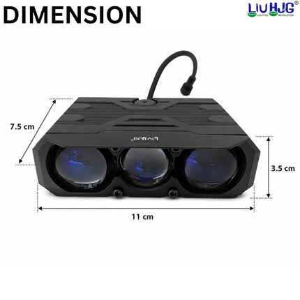 Dimension diagram showing LIU HJG S-48 3-lens fog light measuring 11 cm width, 7.5 cm depth, and 3.5 cm height.