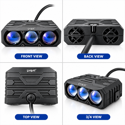 Four perspective views of LIU HJG S-48 fog light showing Front View, Back View with dual fans, Top View, and 3/4 View.