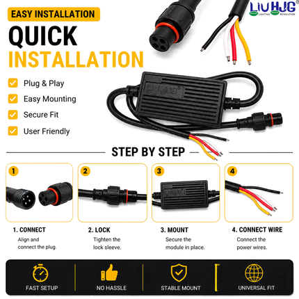 Step-by-step installation guide showing 4 quick steps: connect plug, lock sleeve, mount module, and connect power wires.