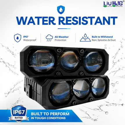 IP67 waterproof test on LIU HJG S-48 3-lens fog light pods in water splash environment.