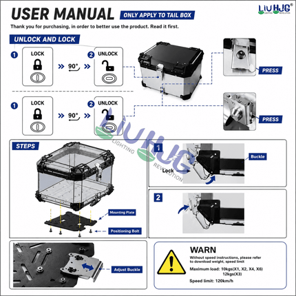 LIU HJG® Original 45L Motorcycle Aluminum Top Case - Lockable Rear Storage Box with Universal Mounting Plate (Black)