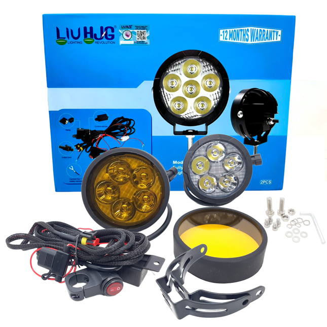 LIU HJG fog lights, 50W round LED fog light, 5-LED fog lamp, yellow-cap fog light, universal fog light kit, car & bike auxiliary light, waterproof driving lamp, high-brightness fog lamp