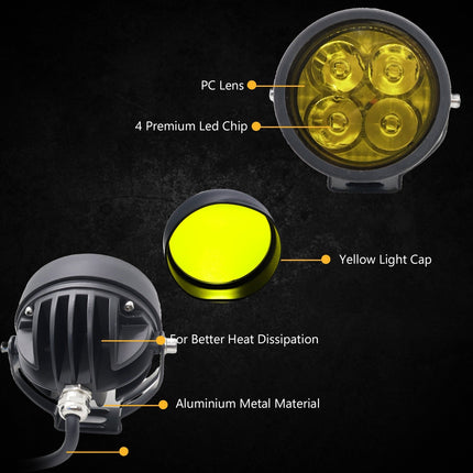 LIU HJG 40W Round 4 LED Fog Lights, yellow cap fog light for car, LED fog lights for bike and car, 12V–80V waterproof fog lamp, universal fit 4 LED fog lights, dual color fog light yellow/white, heavy-duty fog light with wiring kit, round LED fog lamp for SUV