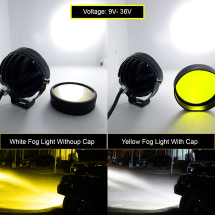 LIU HJG 40W Round 4 LED Fog Lights, yellow cap fog light for car, LED fog lights for bike and car, 12V–80V waterproof fog lamp, universal fit 4 LED fog lights, dual color fog light yellow/white, heavy-duty fog light with wiring kit, round LED fog lamp for SUV