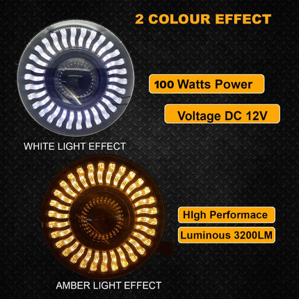 7 inch LED headlight for Royal Enfield, white LED headlight with yellow white DRL, H4 LED headlight for bikes, Mahindra Thar LED headlight, dual color DRL headlight, 12V–80V bike headlight, universal LED headlight for bike and car, high brightness LED headlight, Royal Enfield headlight upgrade, LED projector headlight with DRL, yellow white DRL headlight for motorcycle, 7 inch round LED headlight for Jeep.