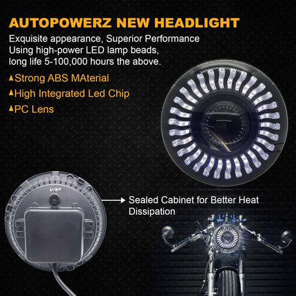 7 inch LED headlight for Royal Enfield, white LED headlight with yellow white DRL, H4 LED headlight for bikes, Mahindra Thar LED headlight, dual color DRL headlight, 12V–80V bike headlight, universal LED headlight for bike and car, high brightness LED headlight, Royal Enfield headlight upgrade, LED projector headlight with DRL, yellow white DRL headlight for motorcycle, 7 inch round LED headlight for Jeep.